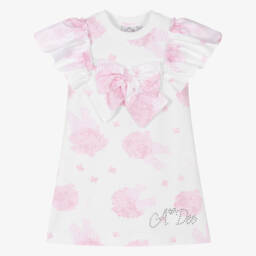 Girls White & Pink Floral Print Dress