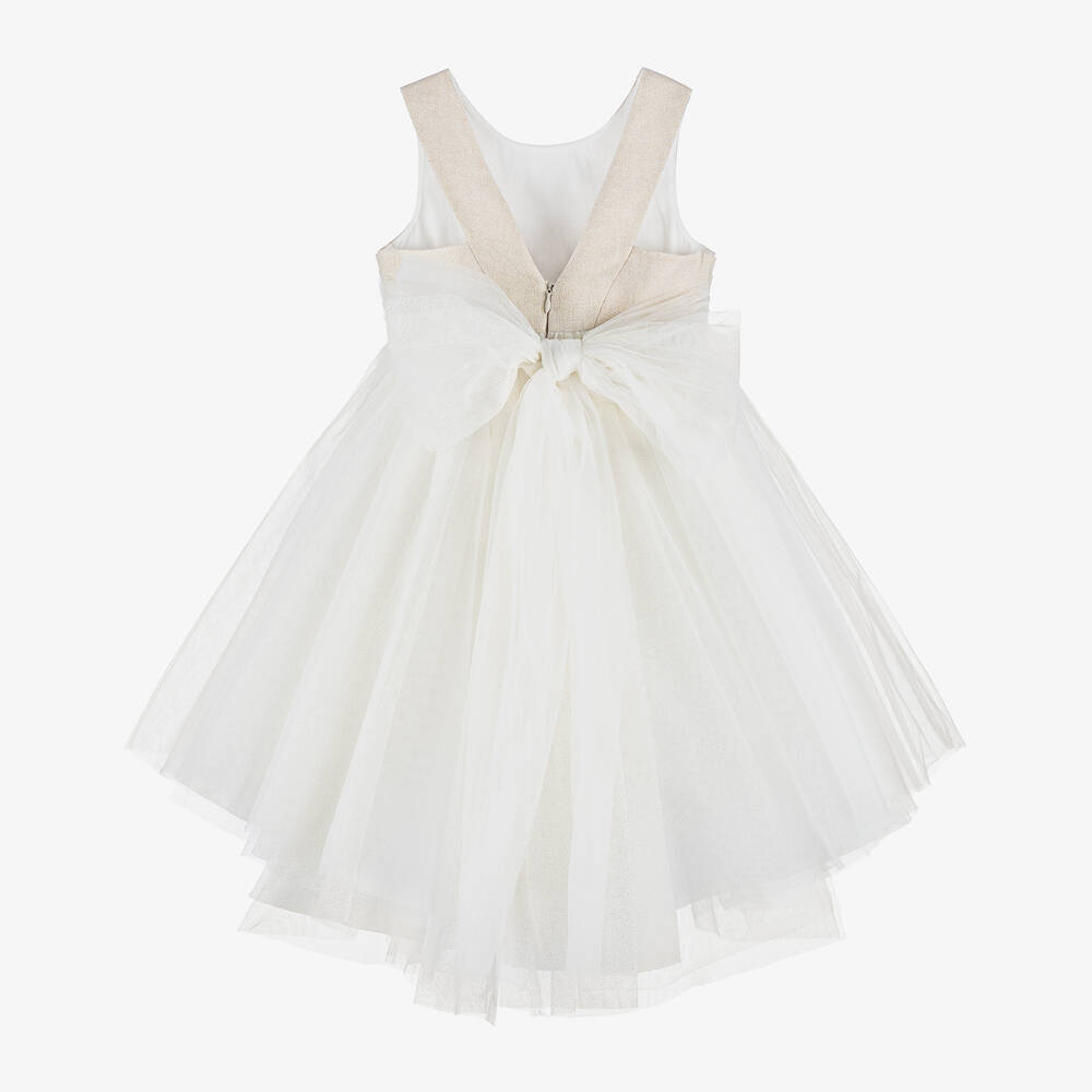 Abel & Lula-Girls Ivory & Beige Glitter Tulle Dress | Childrensalon