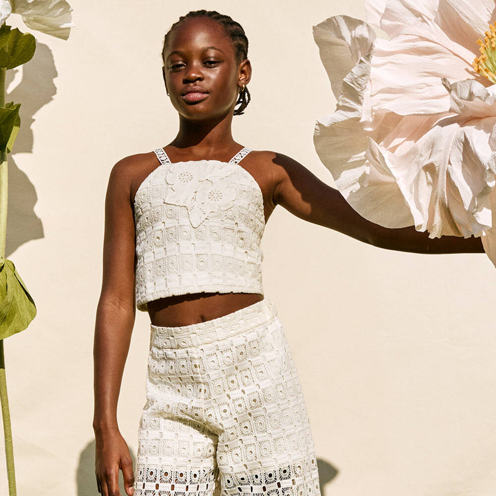 Abel & Lula-Girls Ivory Crochet Trousers Set | Childrensalon