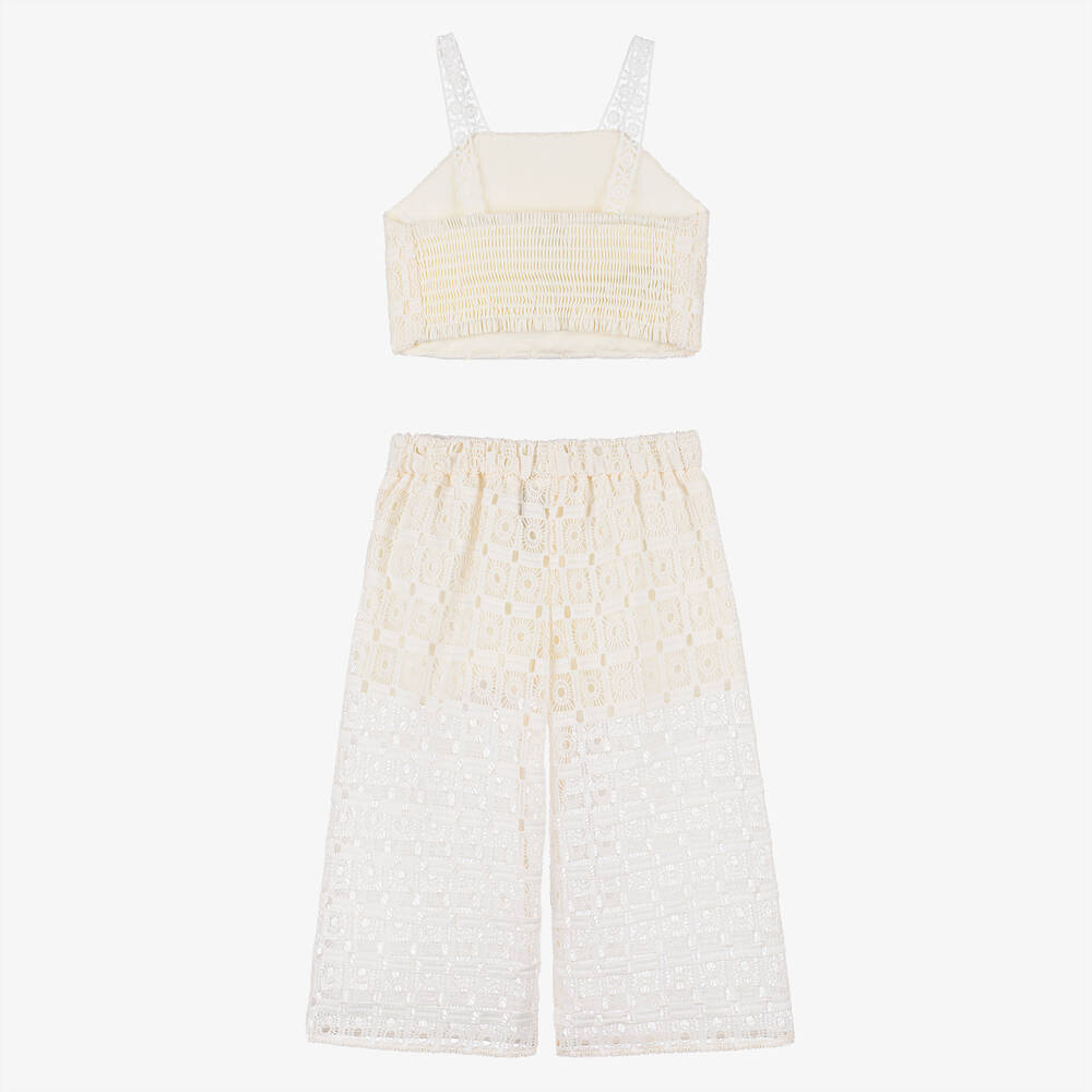 Abel & Lula-Girls Ivory Crochet Trousers Set | Childrensalon