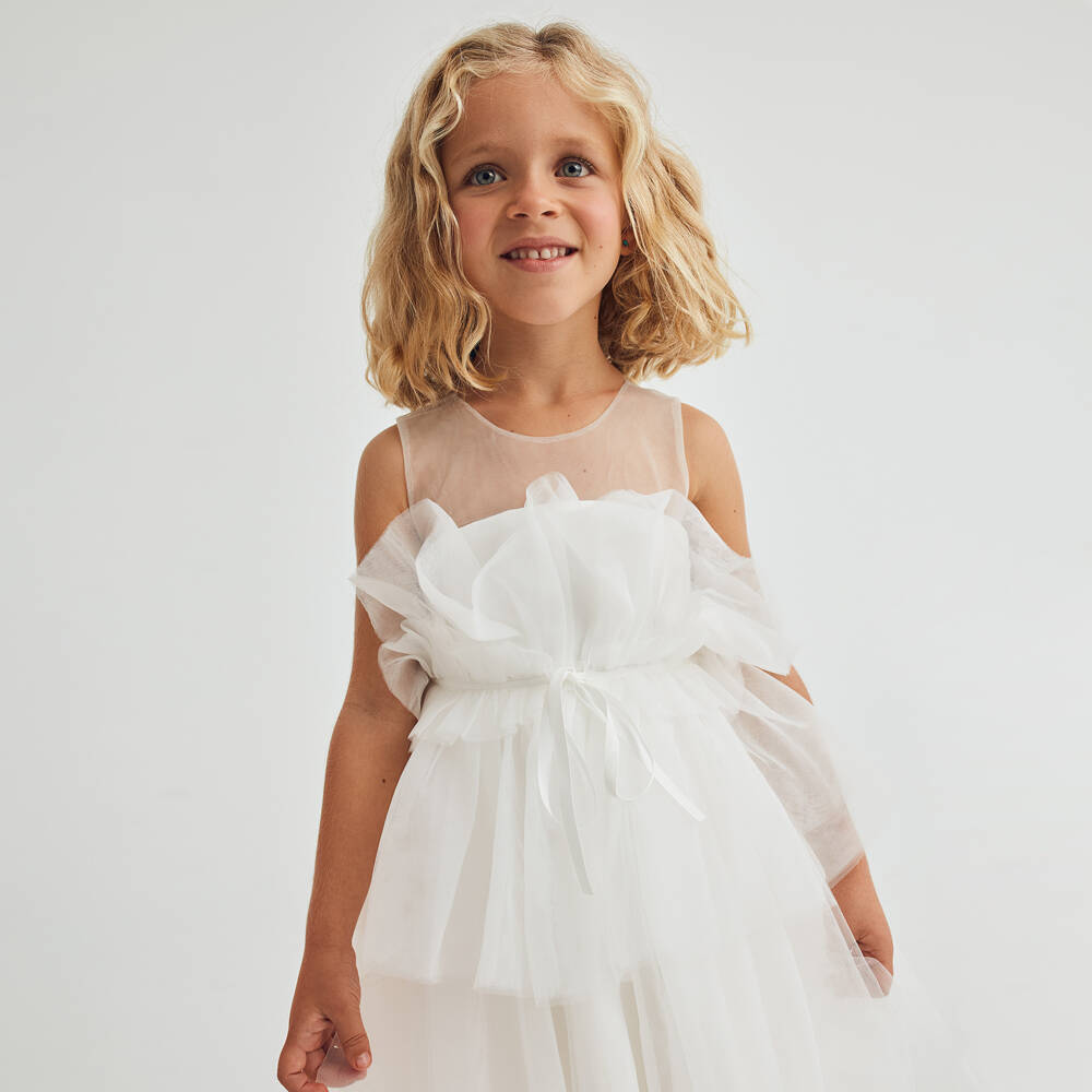 Abel & Lula-Girls Ivory Ruffle Tulle Dress | Childrensalon