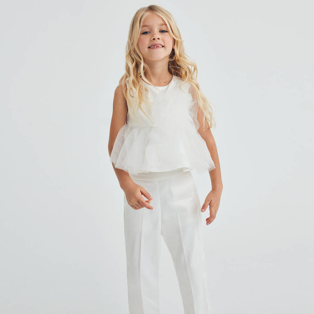 Abel & Lula-Girls Ivory Satin & Tulle Trouser Set | Childrensalon