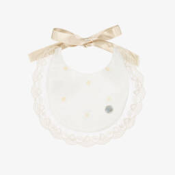 Baby Girls Ivory Bib with Lace Trim & Satin Ribbon Ties