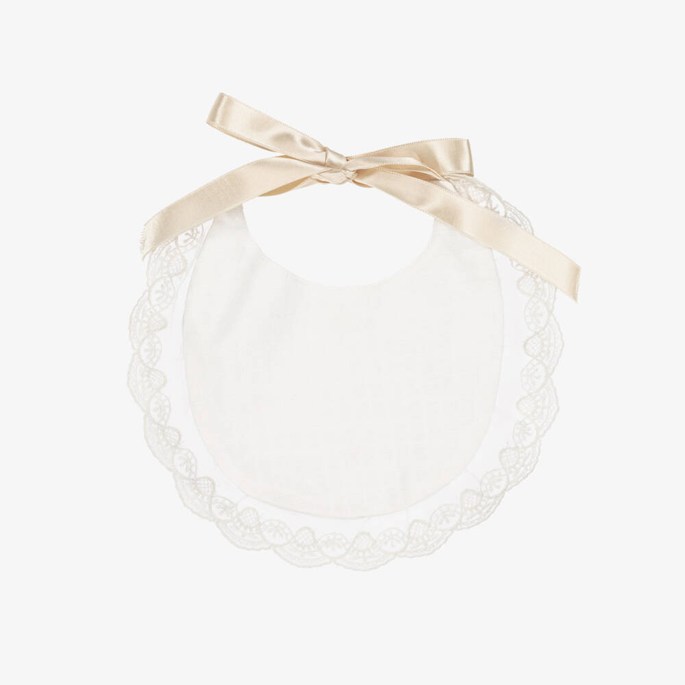 Artesanía Granlei-Baby Girls Ivory Bib with Lace Trim & Satin Ribbon Ties | Childrensalon