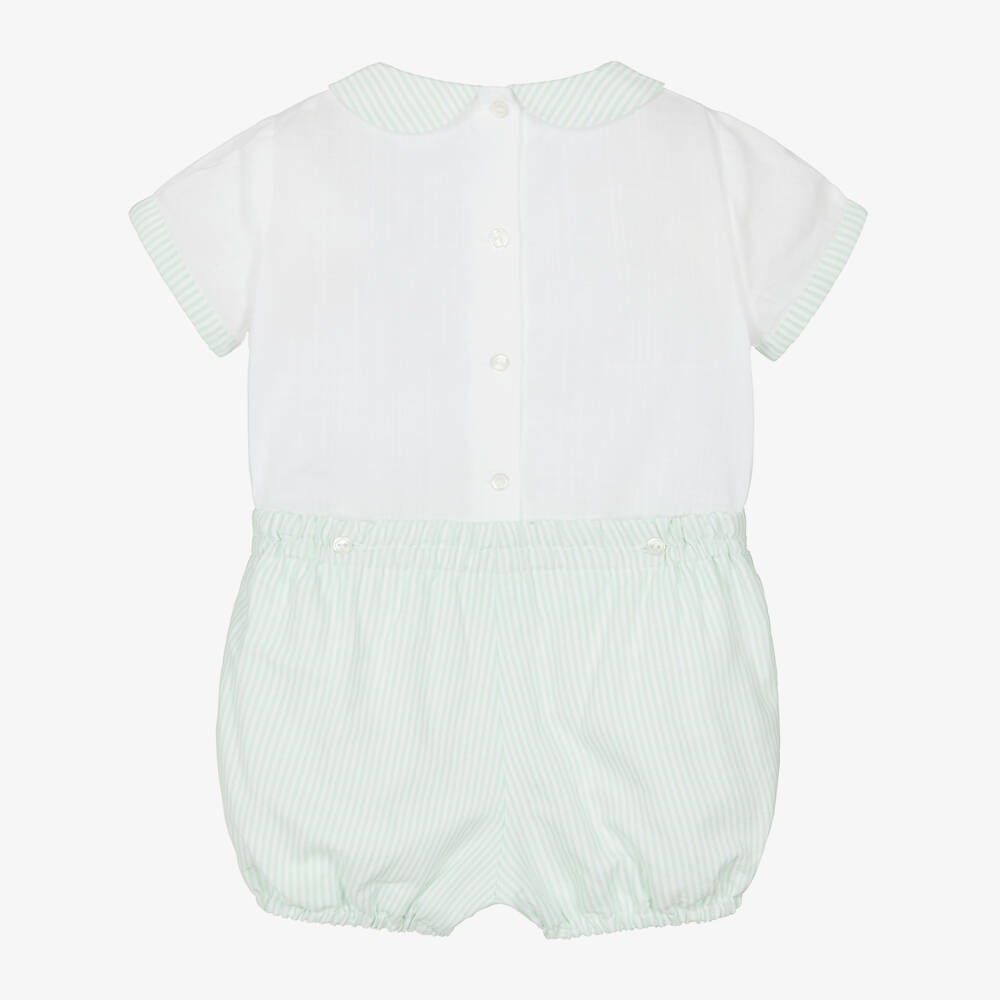 Artesanía Granlei-Boys White & Green Cotton Buster Suit | Childrensalon