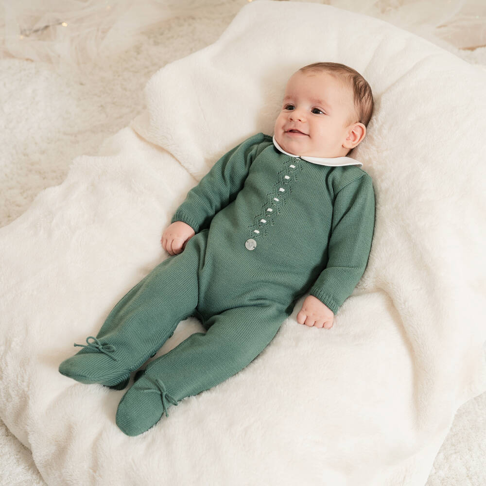 Artesanía Granlei-Dark Green Knitted Babygrow with Collar | Childrensalon