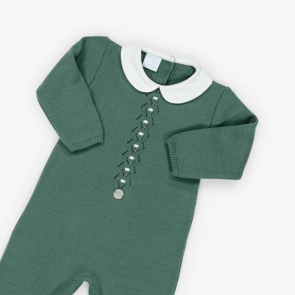 Artesanía Granlei-Dark Green Knitted Babygrow with Collar | Childrensalon