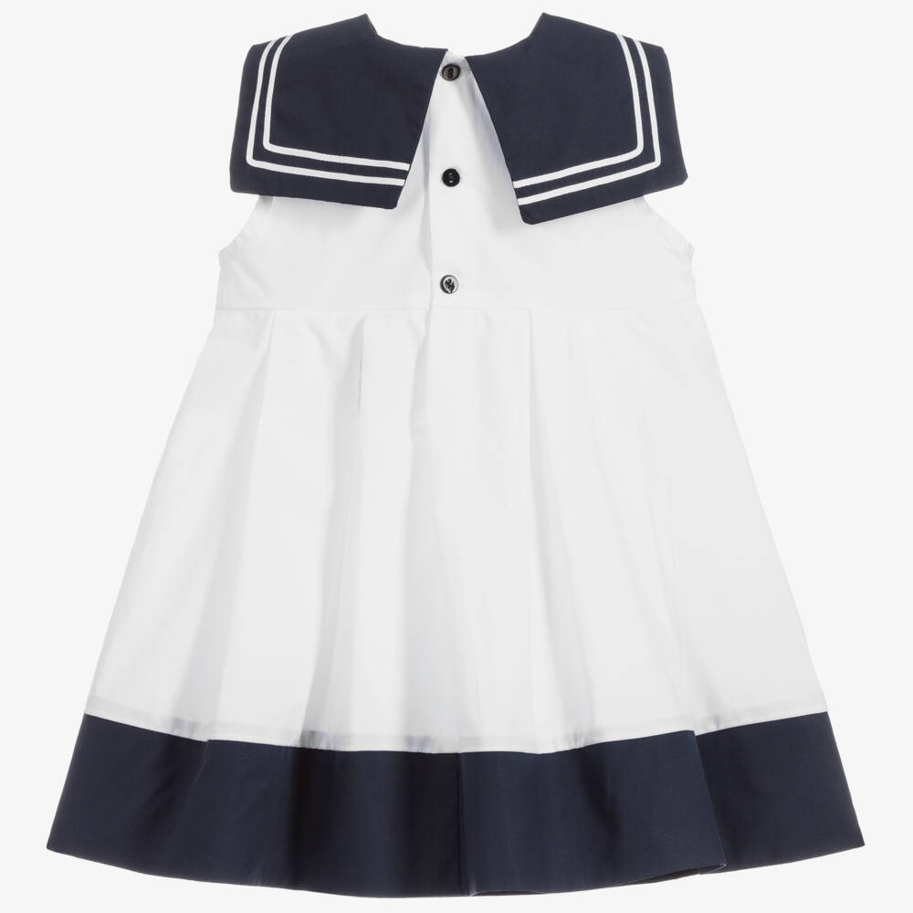 Beatrice & George-Girls White & Navy Blue Cotton Sailor Dress | Childrensalon
