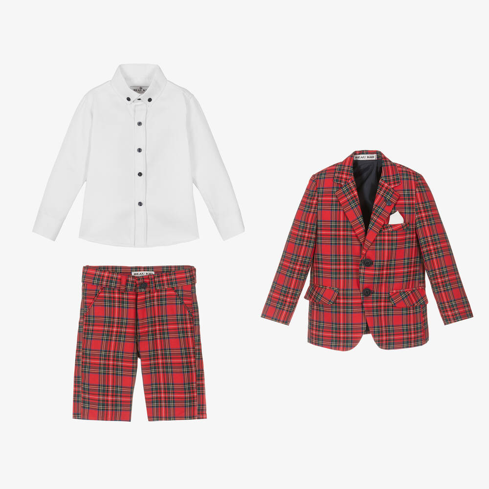 Beau KiD-Boys Red Tartan Check Shorts Suit | Childrensalon