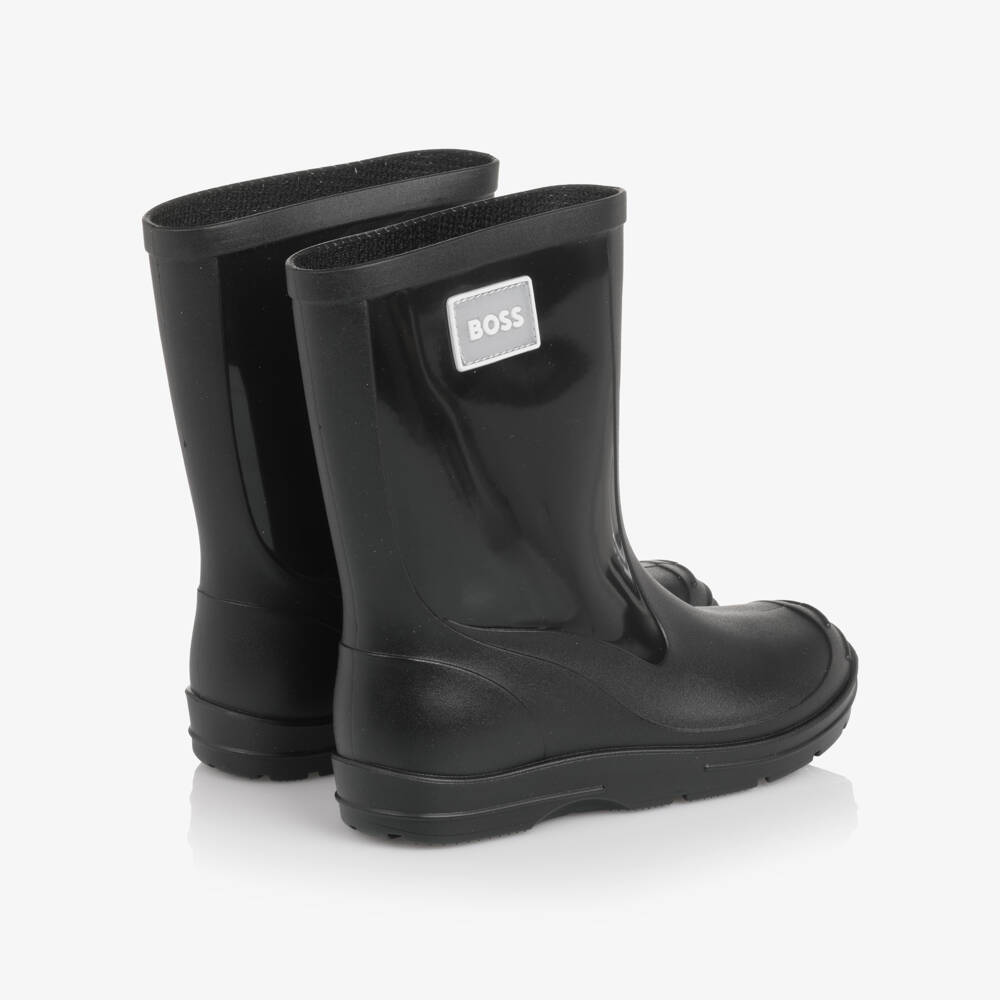 BOSS-Boys Black Rain Boots with Glossy Panels | Childrensalon