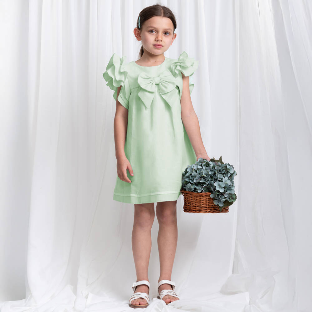 Caramelo Kids-Girls Green Linen & Cotton Dress | Childrensalon