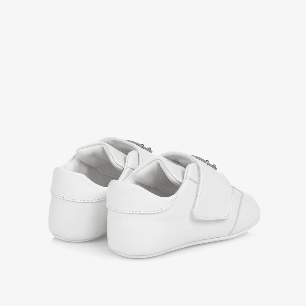 Dolce & Gabbana-White Leather Pre-Walker Shoes with Logo Plaque | Childrensalon