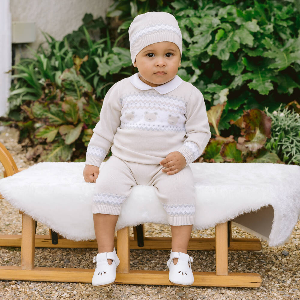 Emile et Rose-Baby Boys Beige Cotton Teddy Bear Trouser Set | Childrensalon