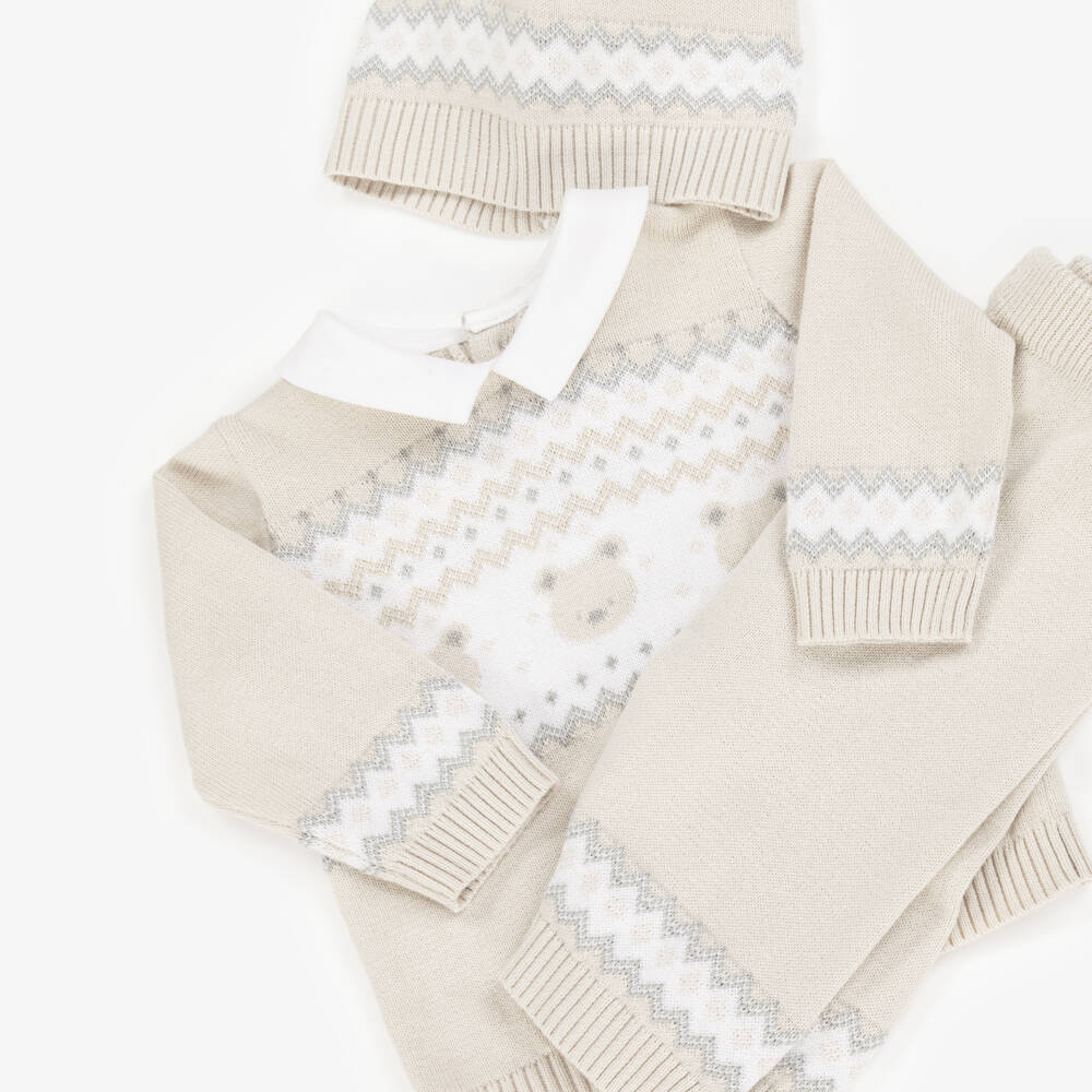 Emile et Rose-Baby Boys Beige Cotton Teddy Bear Trouser Set | Childrensalon