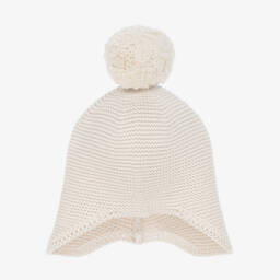 Pale Beige Knitted Cotton Pom-Pom Hat