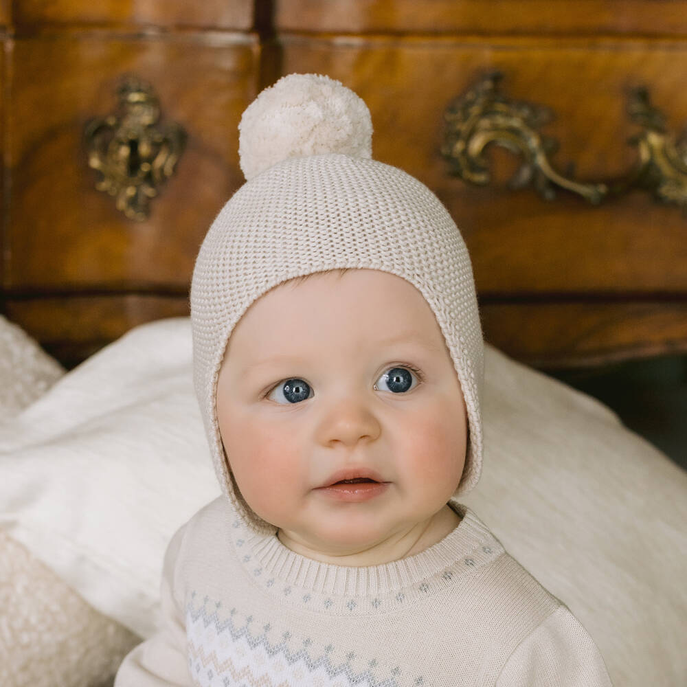 Emile et Rose-Pale Beige Knitted Cotton Pom-Pom Hat | Childrensalon