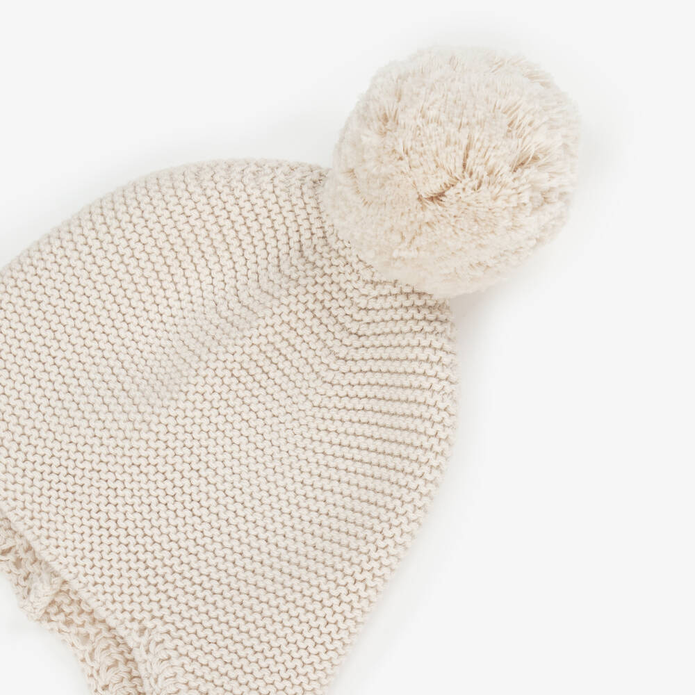 Emile et Rose-Pale Beige Knitted Cotton Pom-Pom Hat | Childrensalon