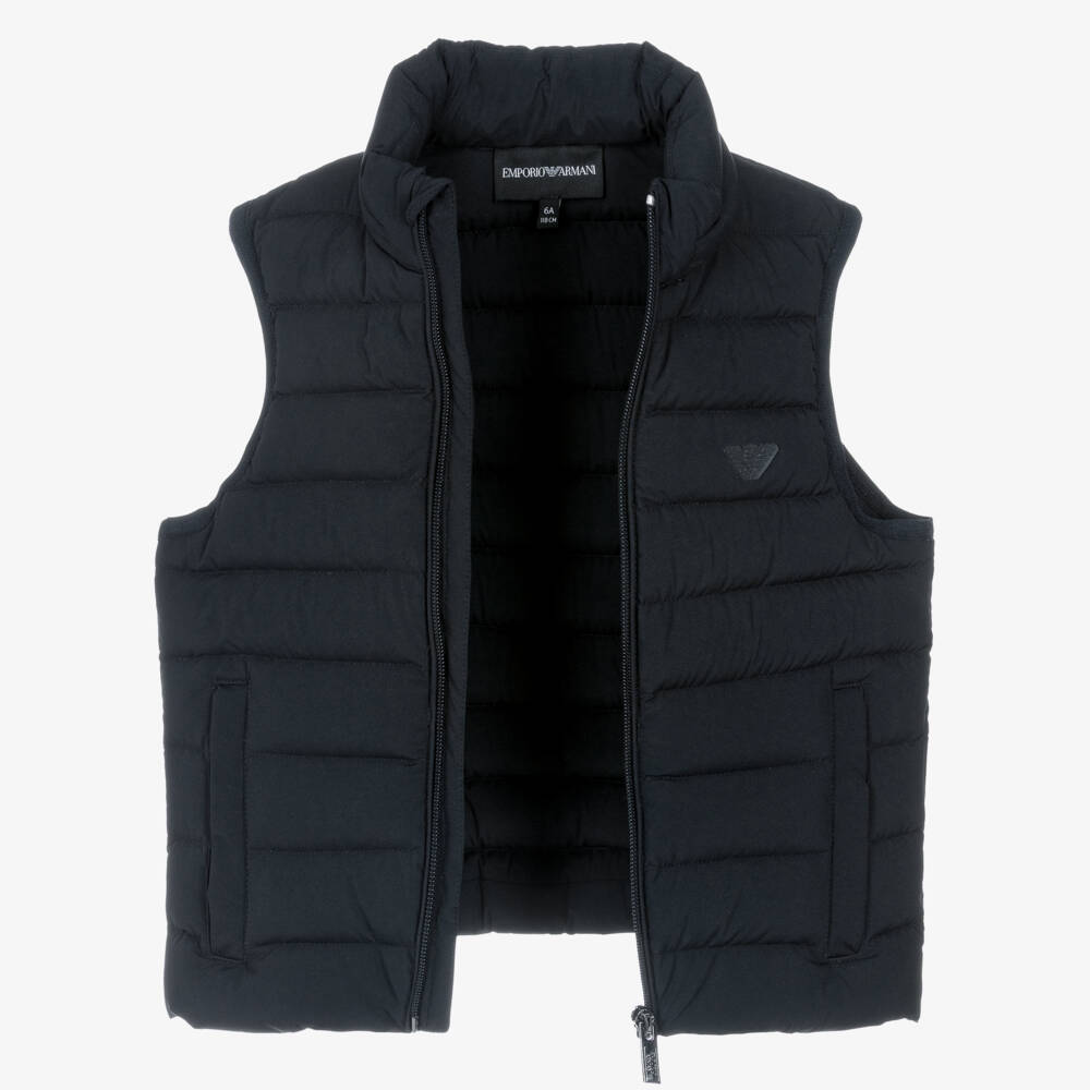 Emporio Armani-Boys Blue Hooded Down Puffer Gilet with Eagle Logo | Childrensalon