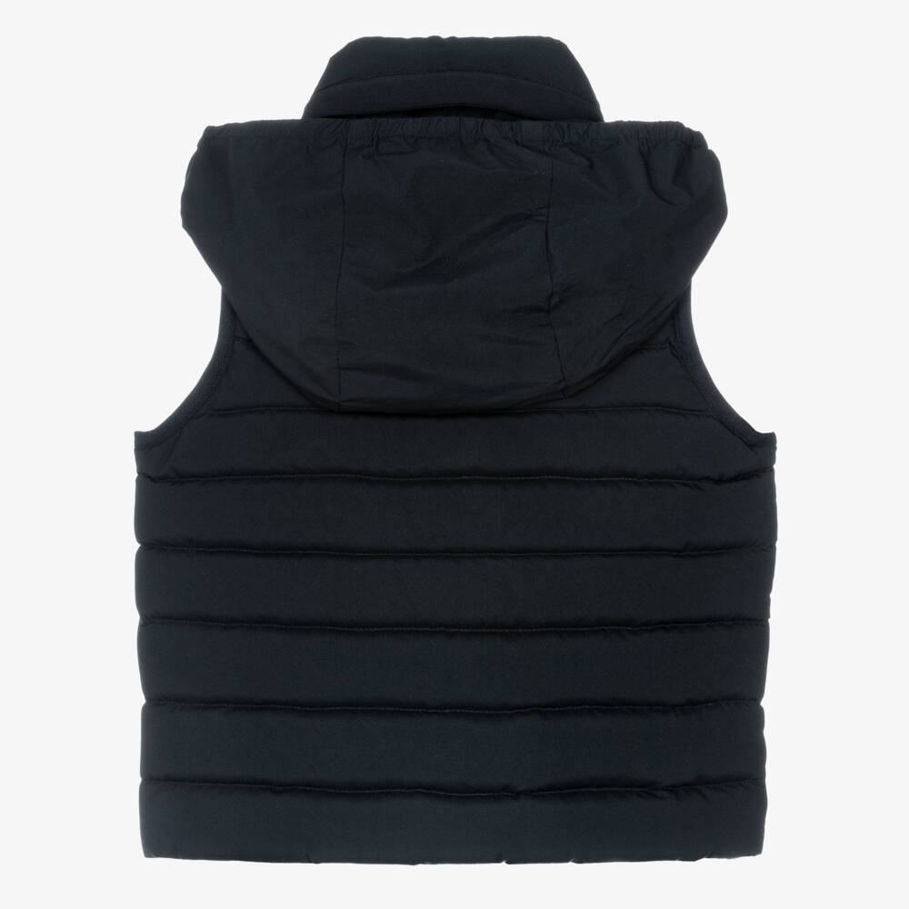 Emporio Armani-Boys Blue Hooded Down Puffer Gilet with Eagle Logo | Childrensalon