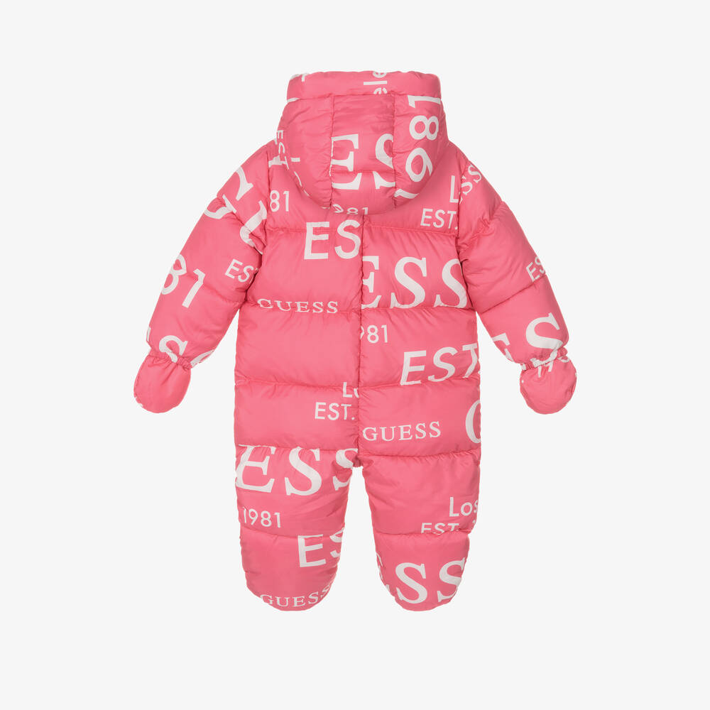 Guess-Girls Pink Logo Print Snowsuit | Childrensalon