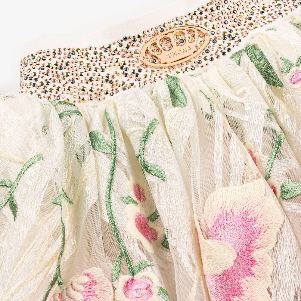 Junona-Girls Ivory Embroidered Tulle Skirt | Childrensalon