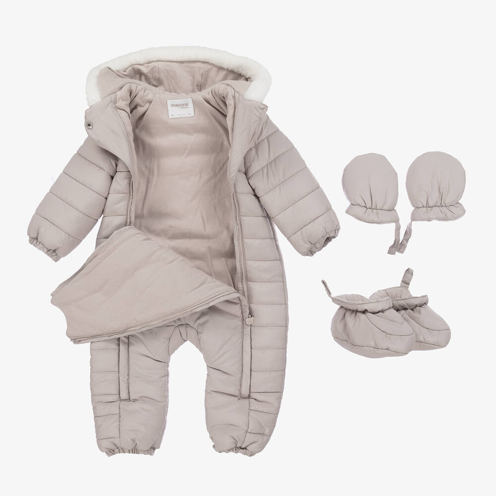 Mayoral Newborn-Beige Padded Teddy Snowsuit | Childrensalon