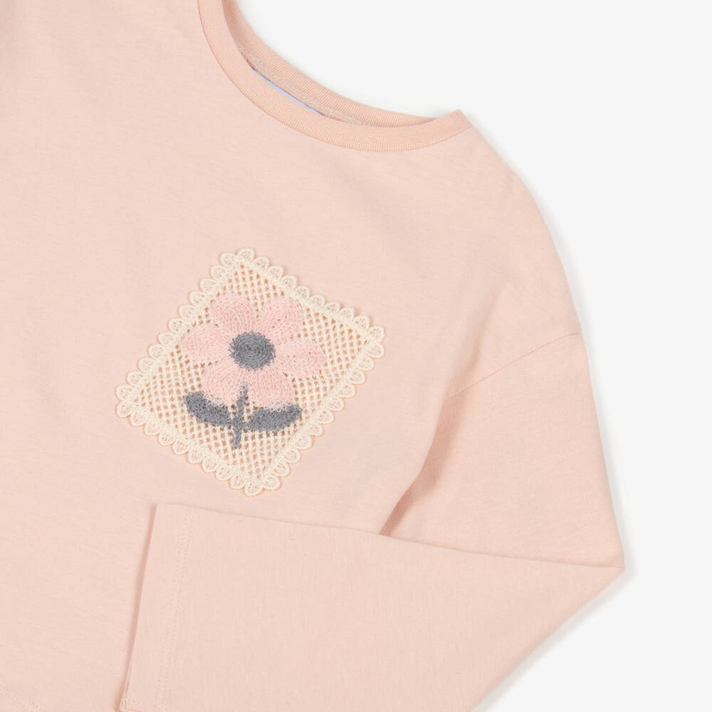Mayoral-Girls Pink Cotton Jersey Top with Crochet Lace Pocket | Childrensalon