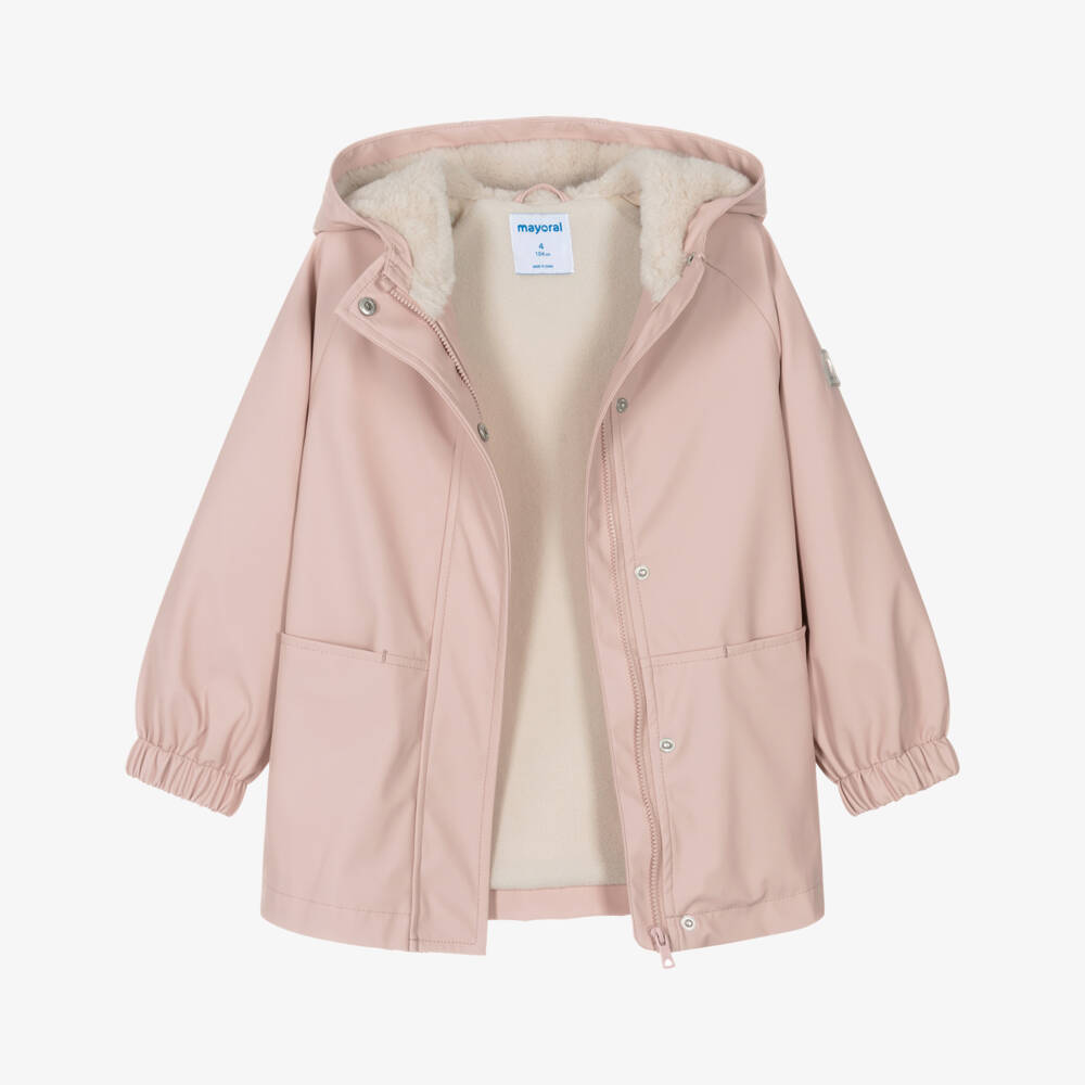 Mayoral-Girls Pink Raincoat with Fleece & Faux Fur Lining | Childrensalon
