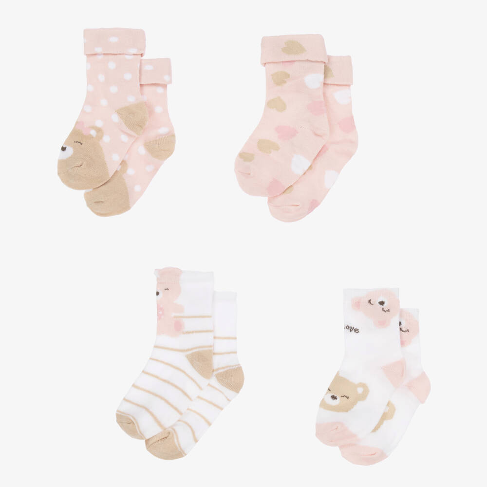 Mayoral Newborn-Pink & Ivory Cotton Baby Socks (4 Pack) | Childrensalon