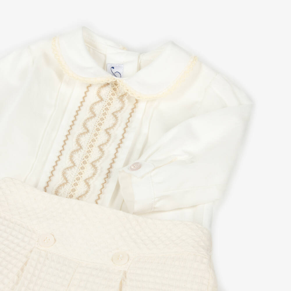 Miranda-Boys Ivory Waffle Cotton Shorts Set | Childrensalon