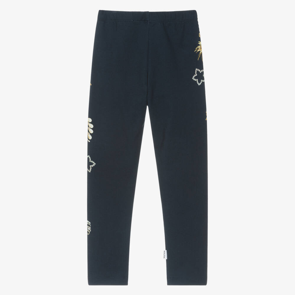 Molo-Girls Blue Cotton Leggings with Jewellery Print | Childrensalon