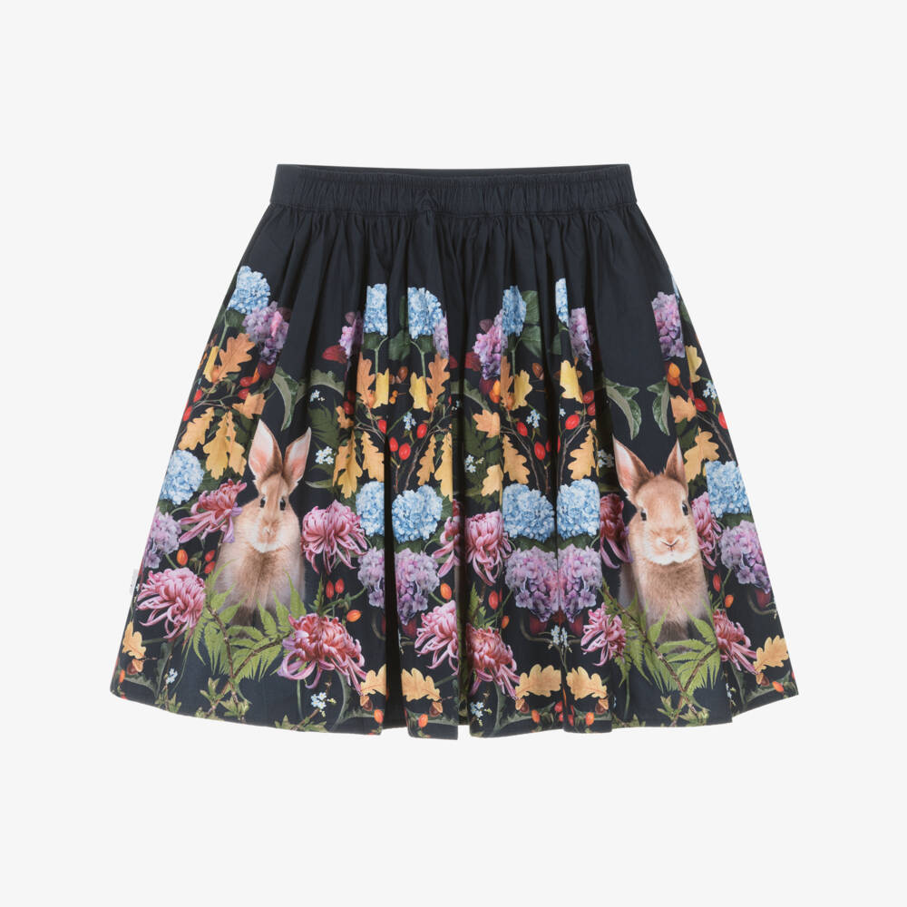 Molo-Girls Navy Blue Cotton Poplin Floral Print Skirt | Childrensalon