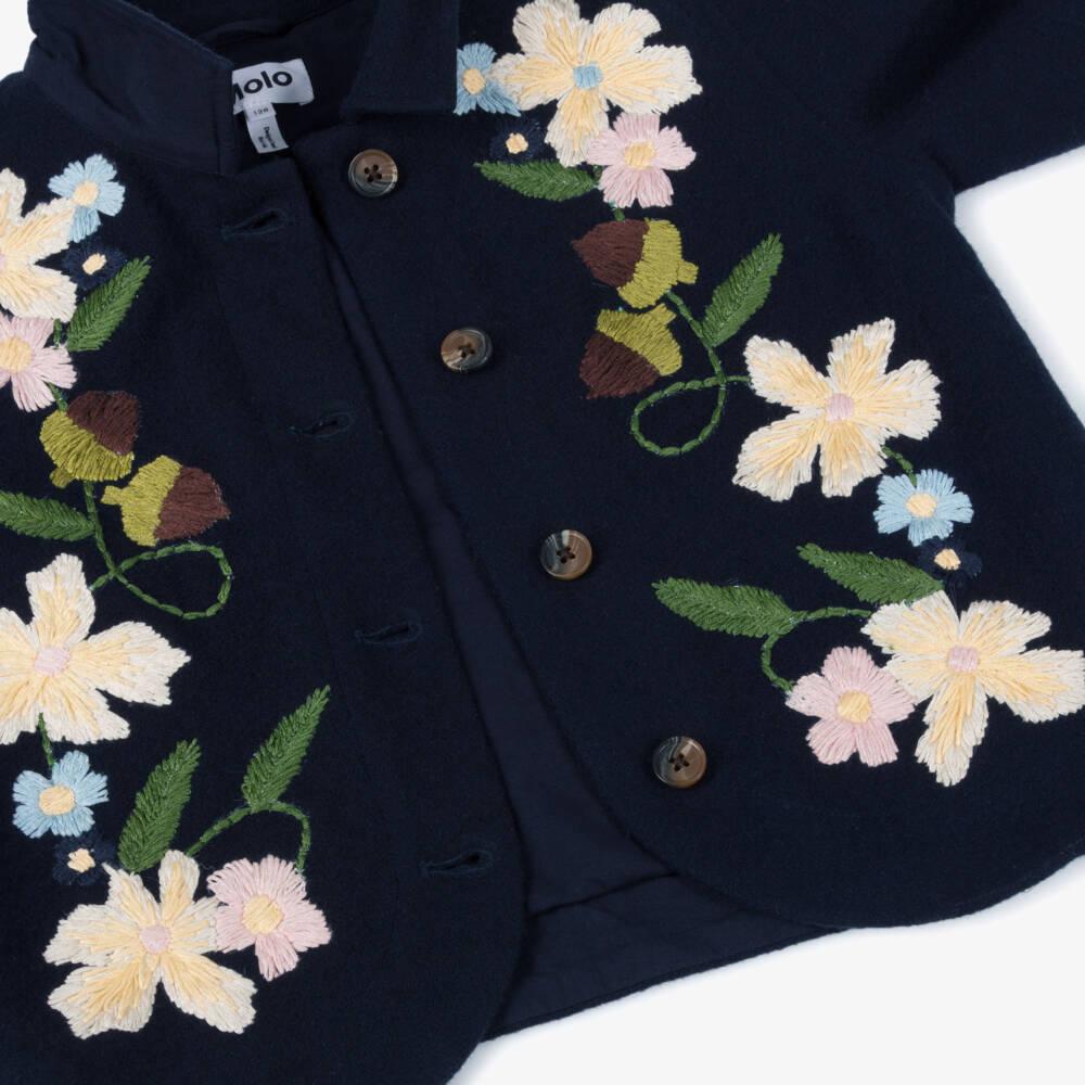 Molo-Girls Navy Blue Wool Embroidered Jacket | Childrensalon