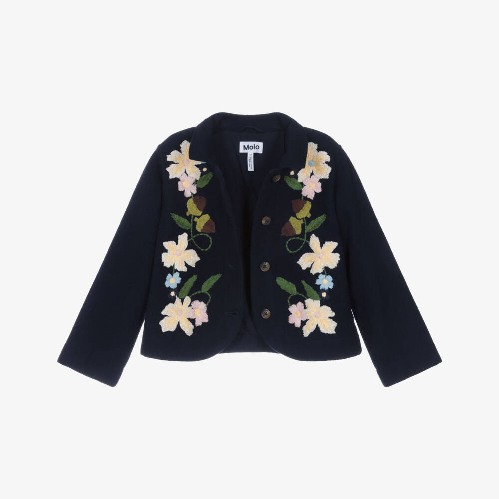 Molo-Girls Navy Blue Wool Embroidered Jacket | Childrensalon