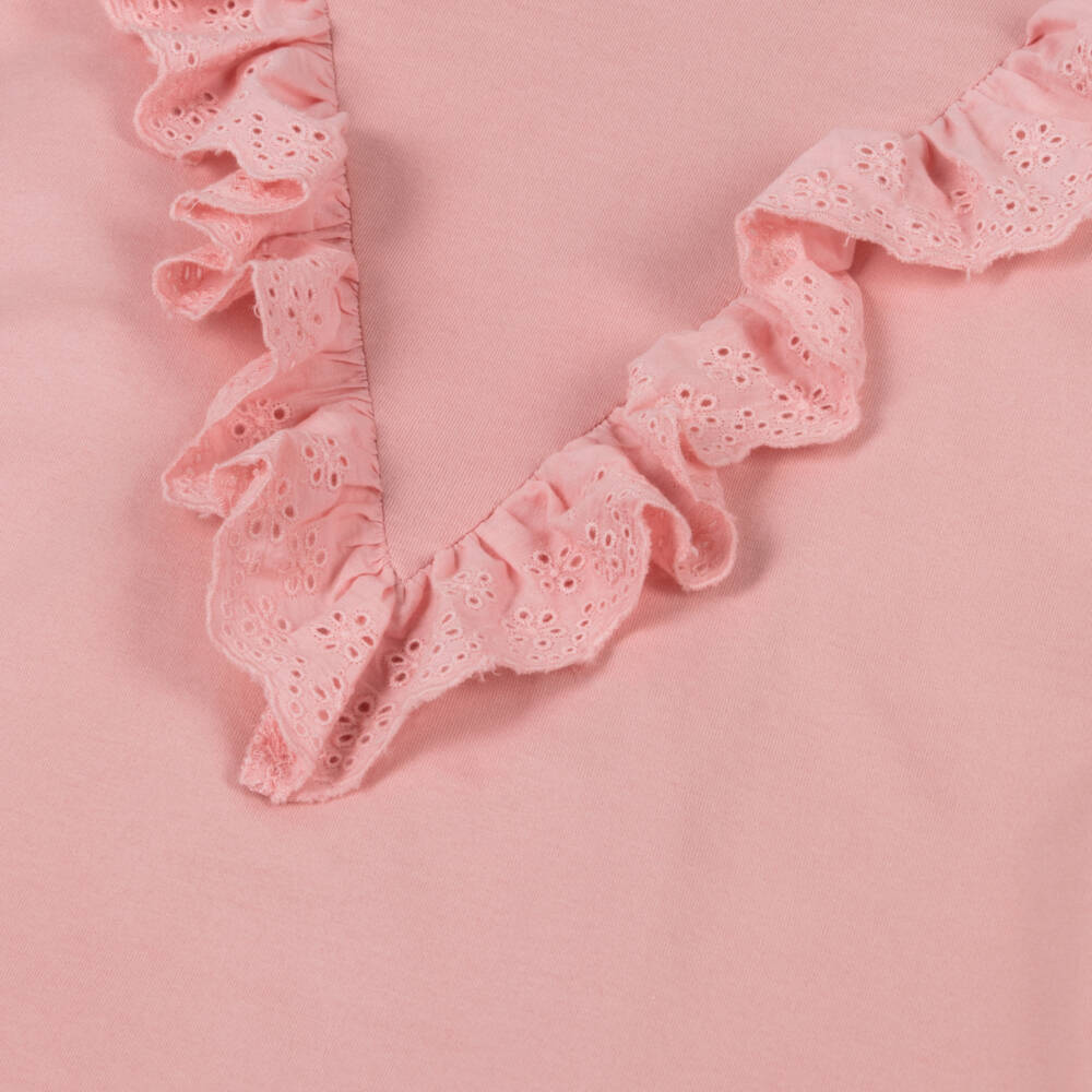Molo-Girls Pink Organic Cotton Broderie Ruffle Trim Top | Childrensalon
