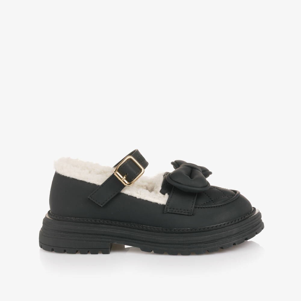 Monnalisa-Girls Black Bar Shoes with Sherpa Fleece Lining | Childrensalon