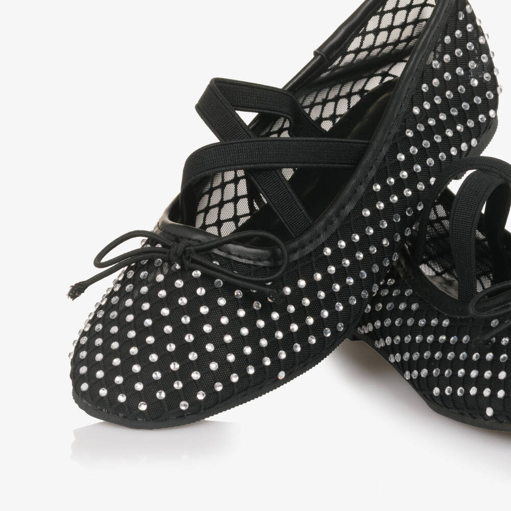 NAME IT-Girls Black Mesh Diamanté Ballerina Pumps | Childrensalon