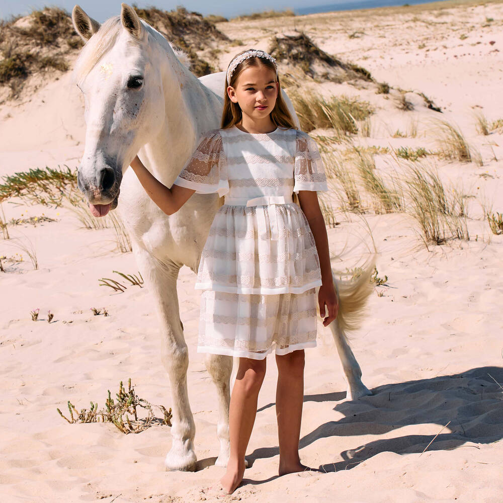 Patachou-Girls White & Gold Tulle & Chiffon Dress | Childrensalon