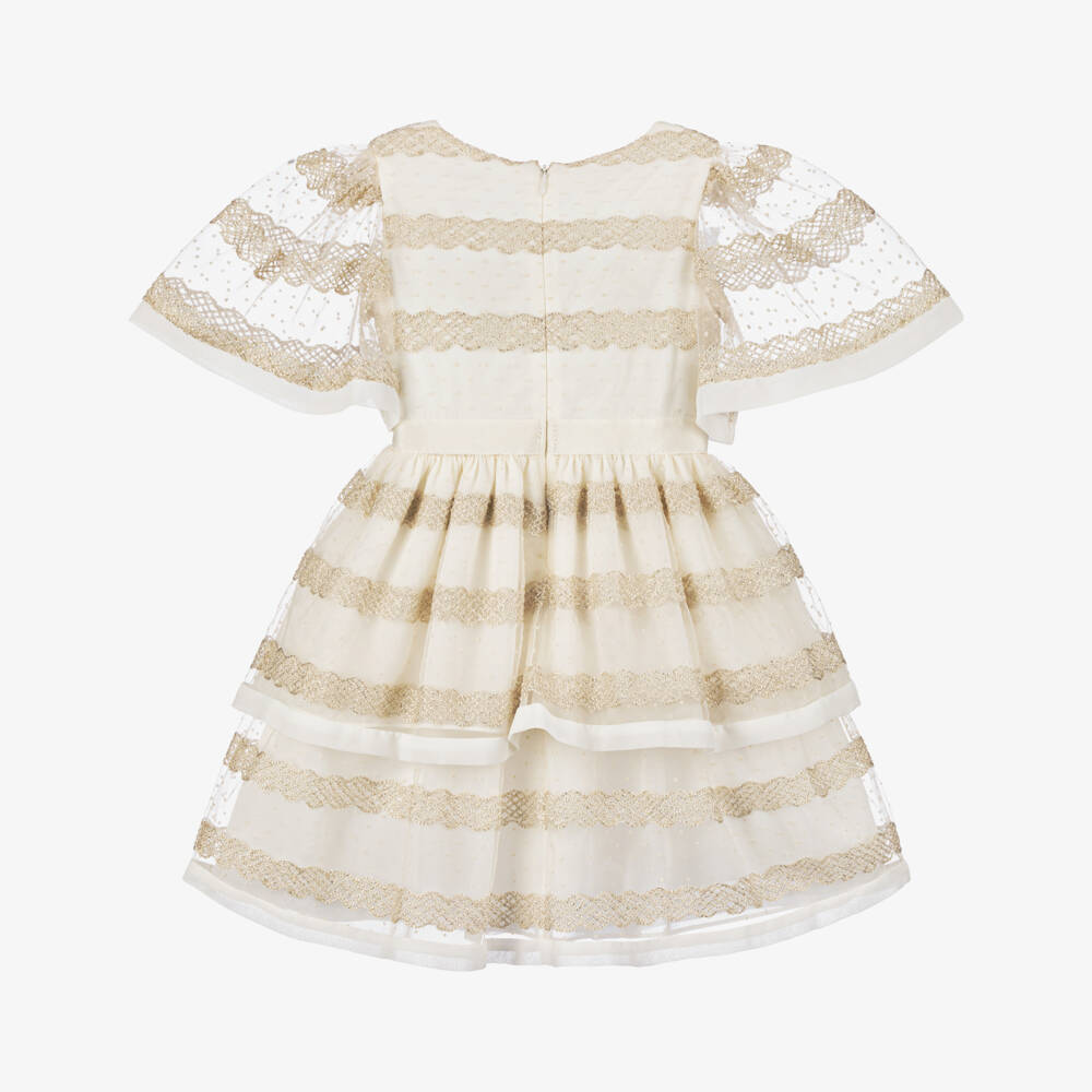 Patachou-Girls White & Gold Tulle & Chiffon Dress | Childrensalon