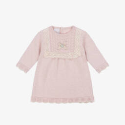 Baby Girls Pink Cotton & Cashmere Knit Dress with Lace Trim