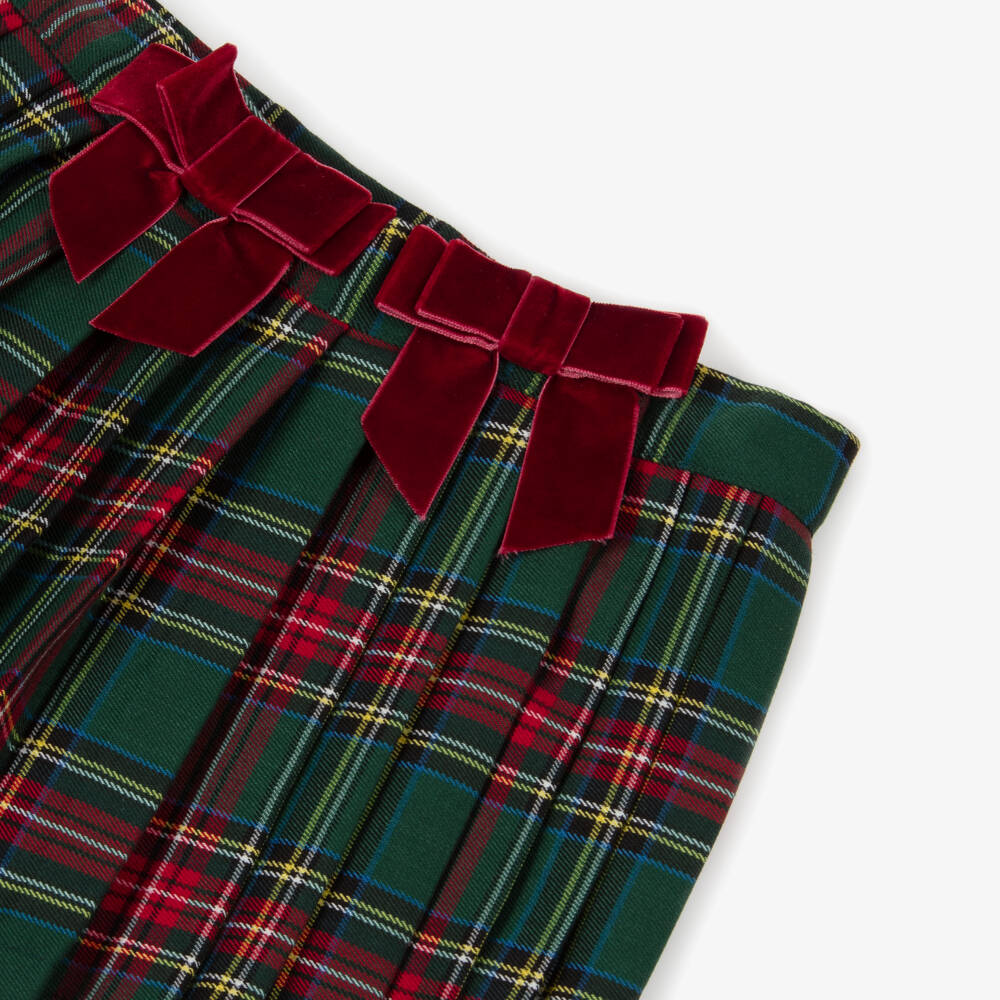 Phi Clothing-Girls Green Tartan Pleated Skirt with Red Velvet Bows | Childrensalon