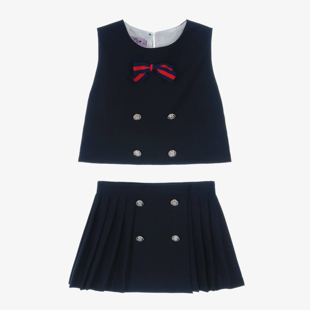 Phi Clothing-Girls Navy Blue Skirt Set with Ribbon Bows | Childrensalon