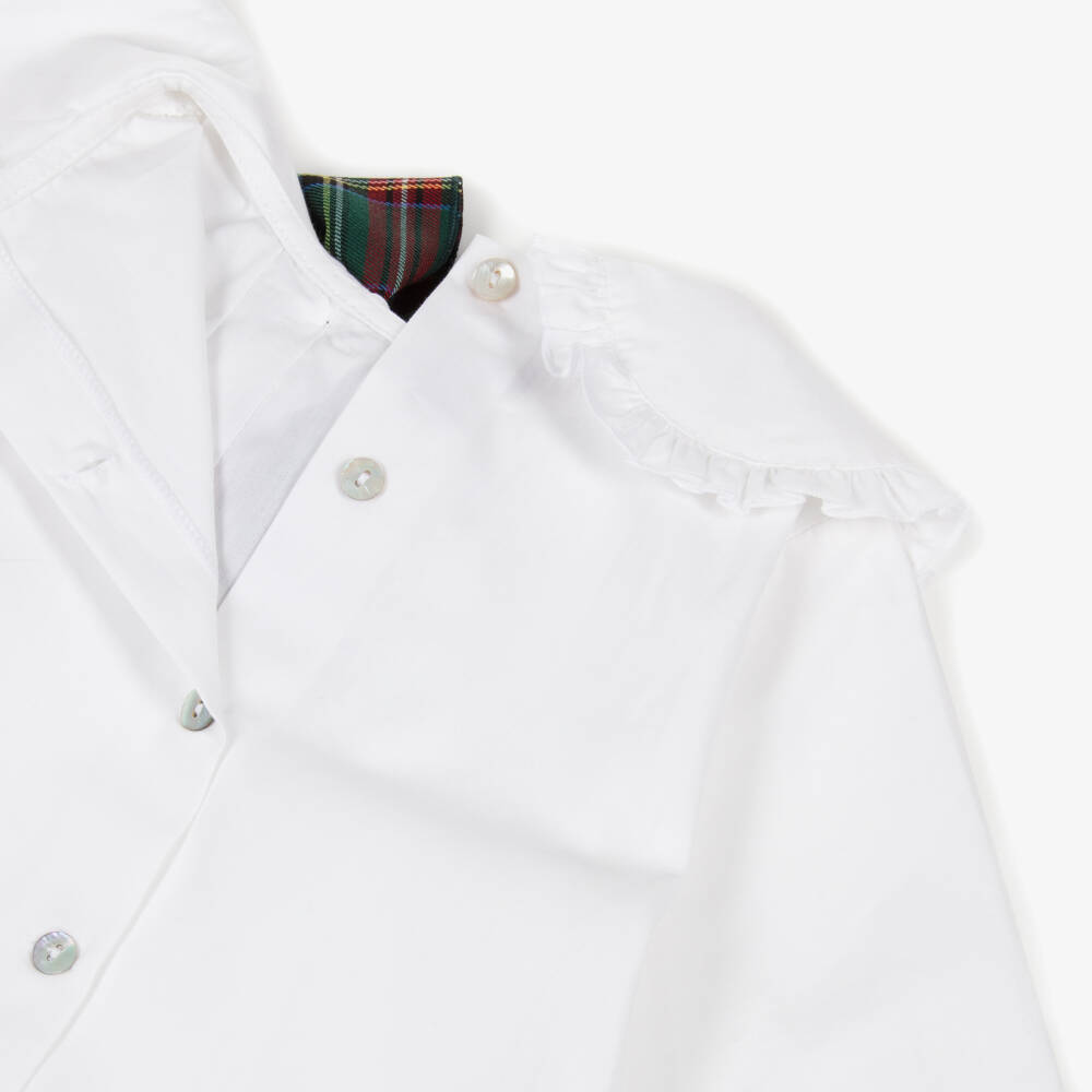 Phi Clothing-Girls White Cotton Blouse with Green Tartan Bow | Childrensalon