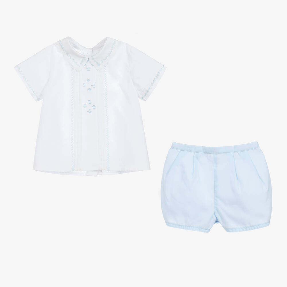 Sarah Louise-Boys White & Blue Shorts Set | Childrensalon