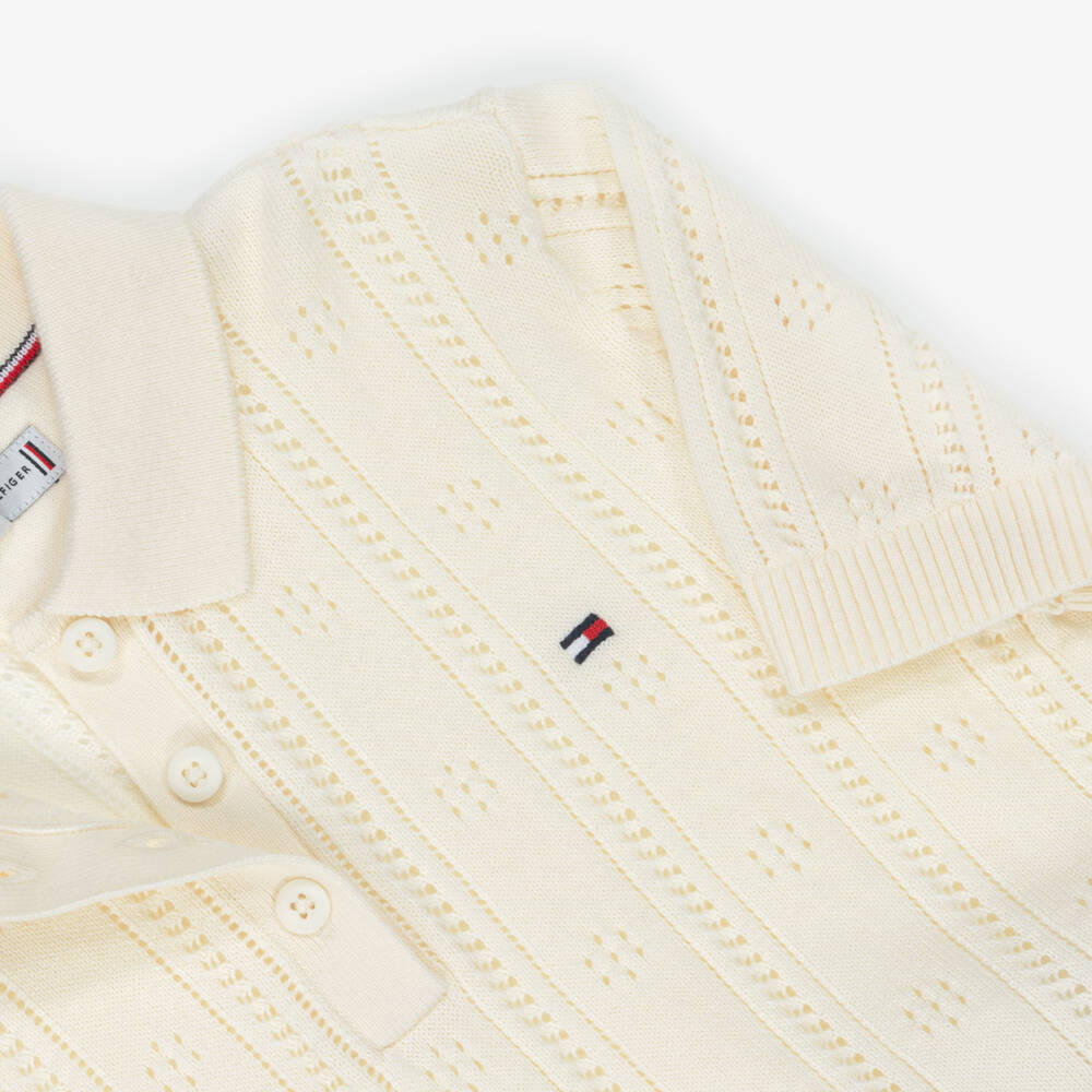 Tommy Hilfiger-Girls Ivory Cotton Pointelle Knit Polo Shirt | Childrensalon