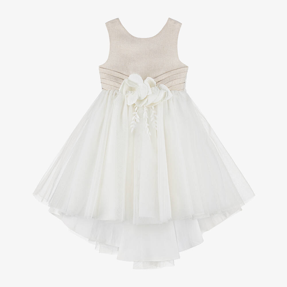 Abel & Lula-Girls Ivory & Beige Glitter Tulle Dress | Childrensalon