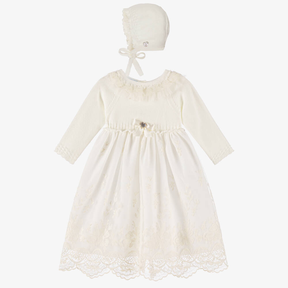 Artesanía Granlei-Ivory Knit Top & Lace Ceremony Gown & Bonnet | Childrensalon