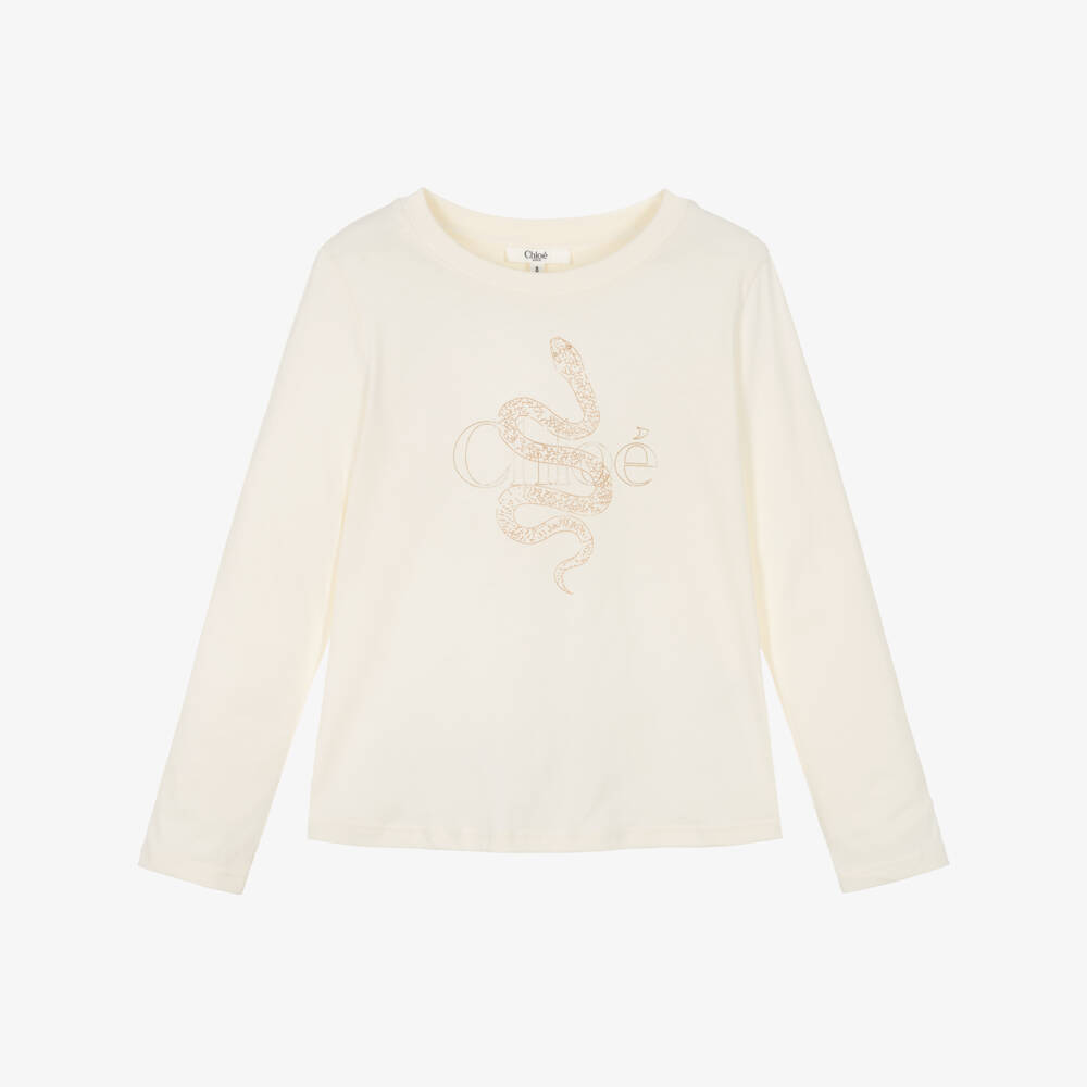 Chloé-Girls Ivory Snake Logo Cotton Top | Childrensalon