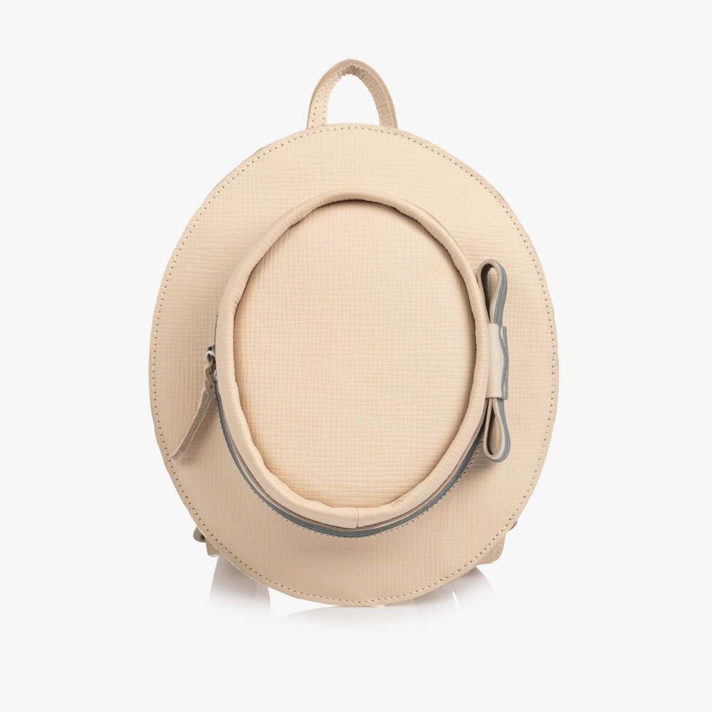Donsje-Girls Dark Cream Leather Boater-Style Backpack (24cm) | Childrensalon