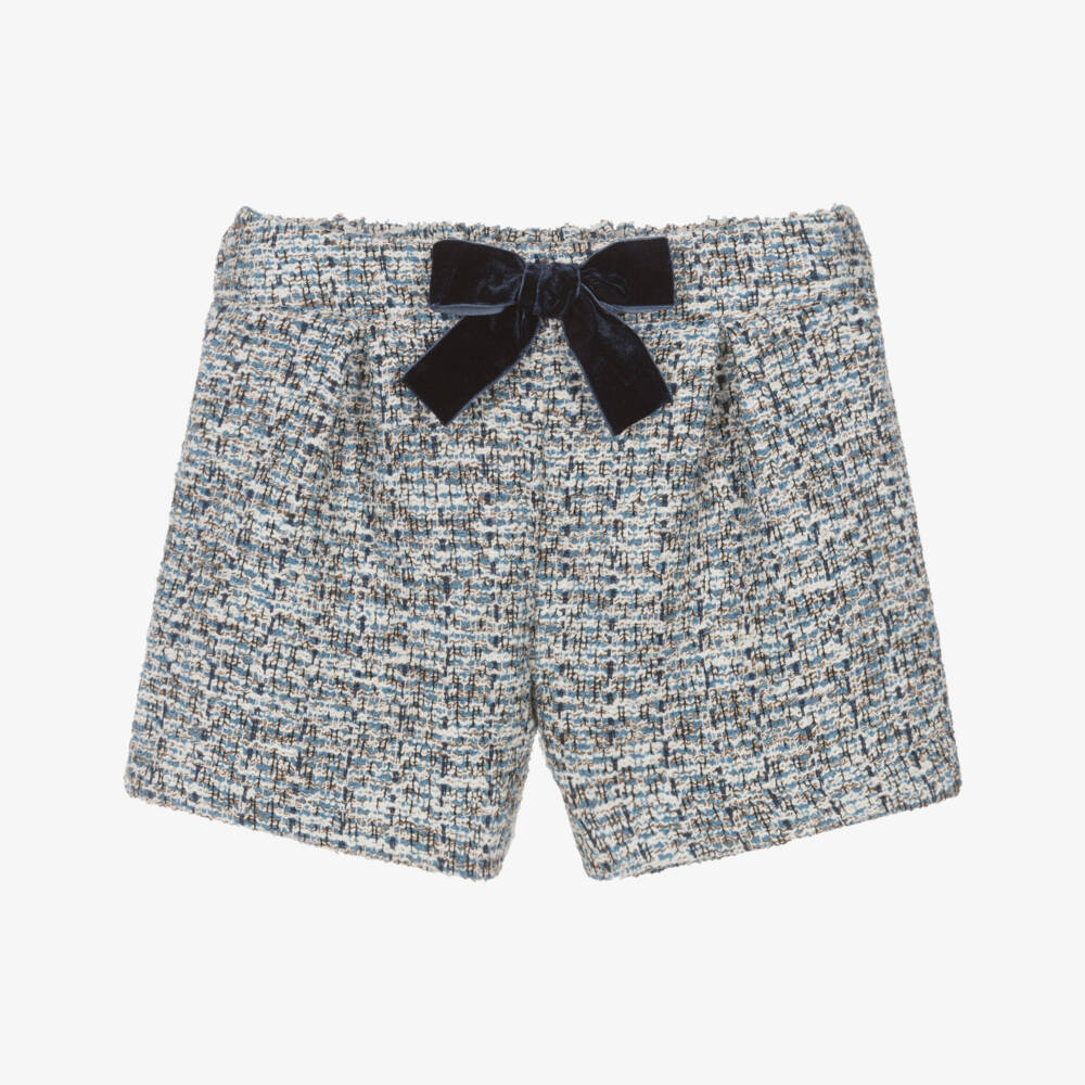 Mayoral-Girls Blue Tweed Shorts with Velvet Bow | Childrensalon